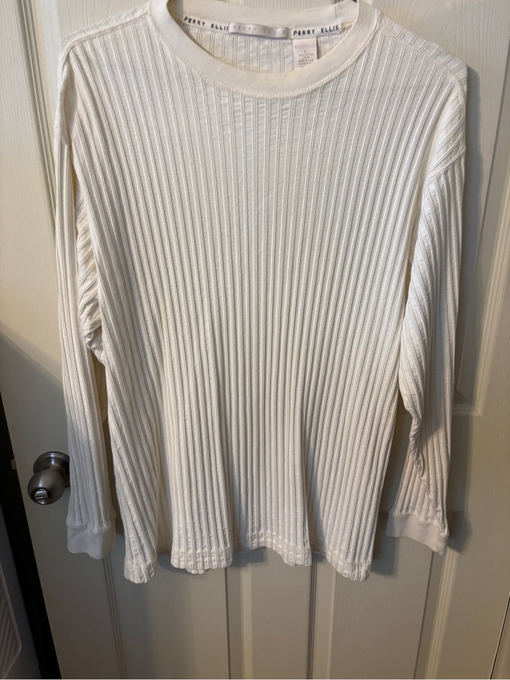 Perry Ellis Cream Ribbed Long Sleeve Crew Tee